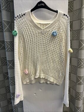 Women's Cream Open-Knit Sweater with Crochet Flower Accents